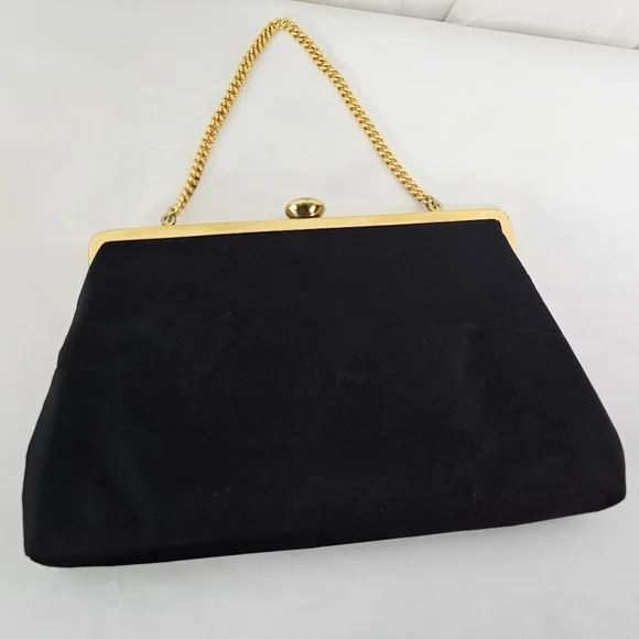 Vintage Coblentz Black Satin  Convertible Clutch Evening Bag Gold Chain Hinge - Picture 4 of 9